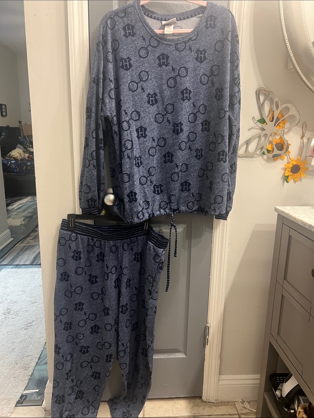 Girls Blue Long-Sleeve Pajama Set with Jogger Pants